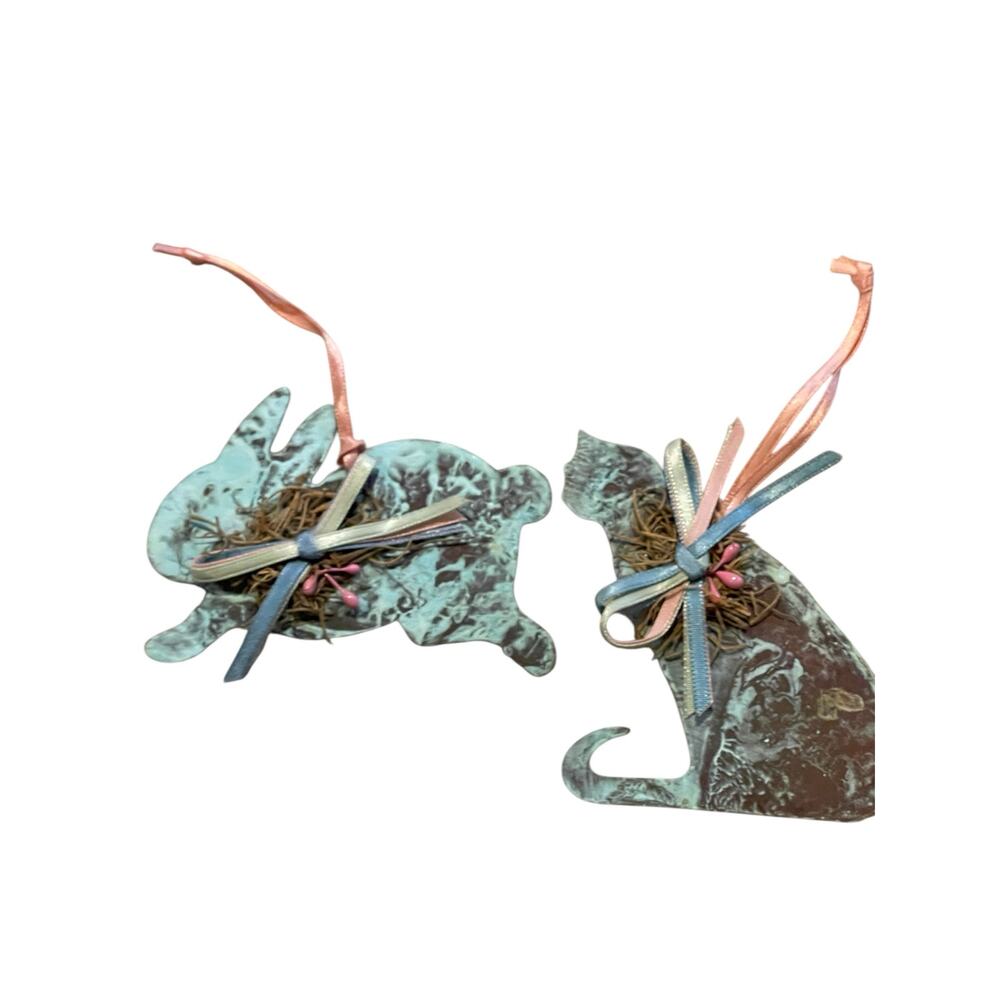 Set of 2 metal bunny and cat 1990’s ornaments